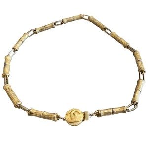 Chanel Vintage Gold Plated Brass CC Box Clasp Bamboo Link Choker Necklace